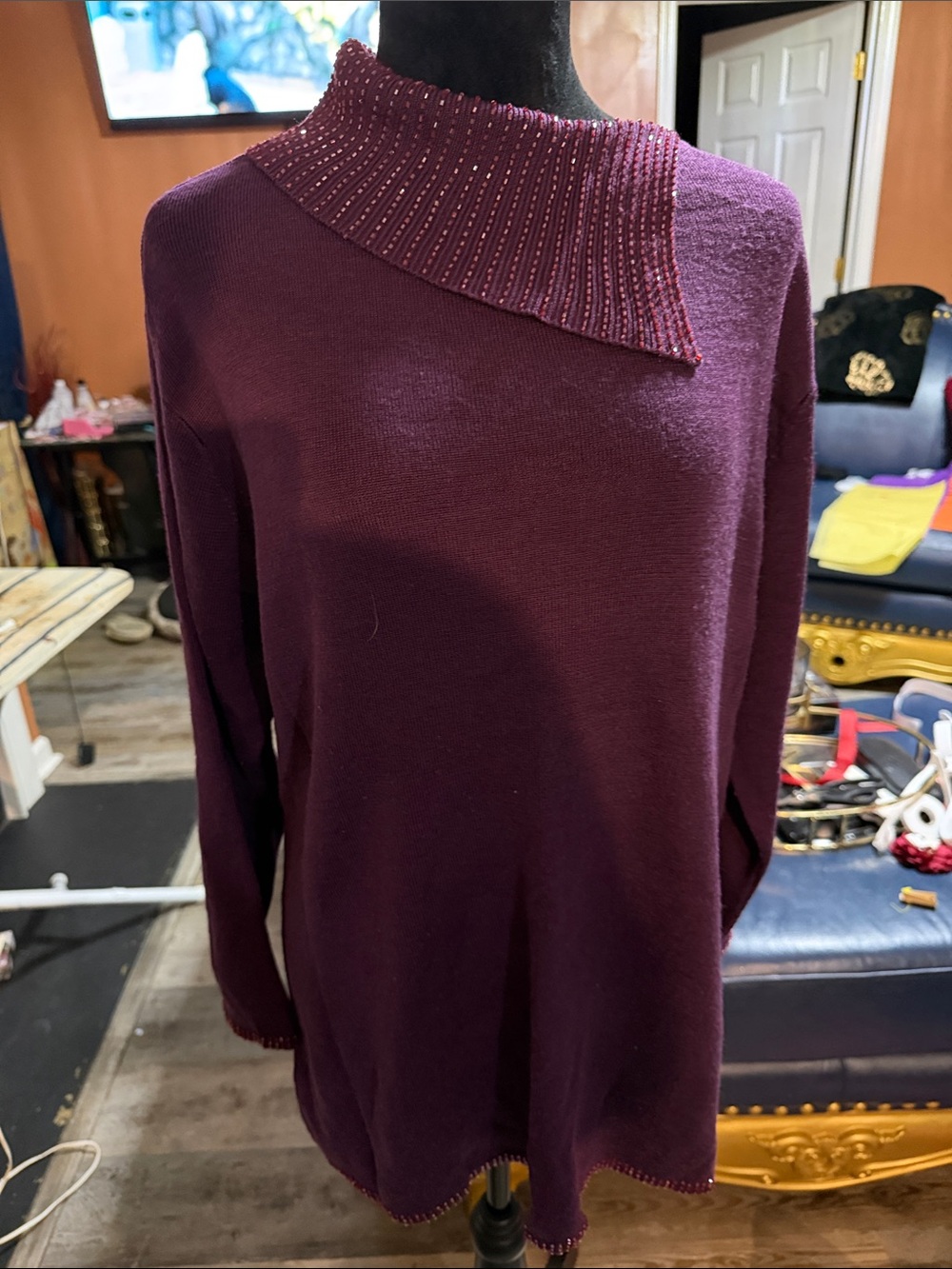 Adrianna Papell Purple Asymmetric Ribbed-Neck Women's Sweater